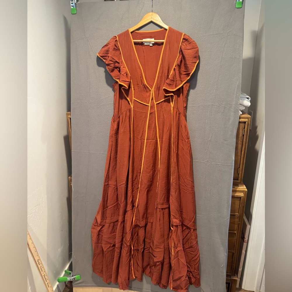 Anthropologie Rust Orange Maxi Dress with Yellow Trim EUC